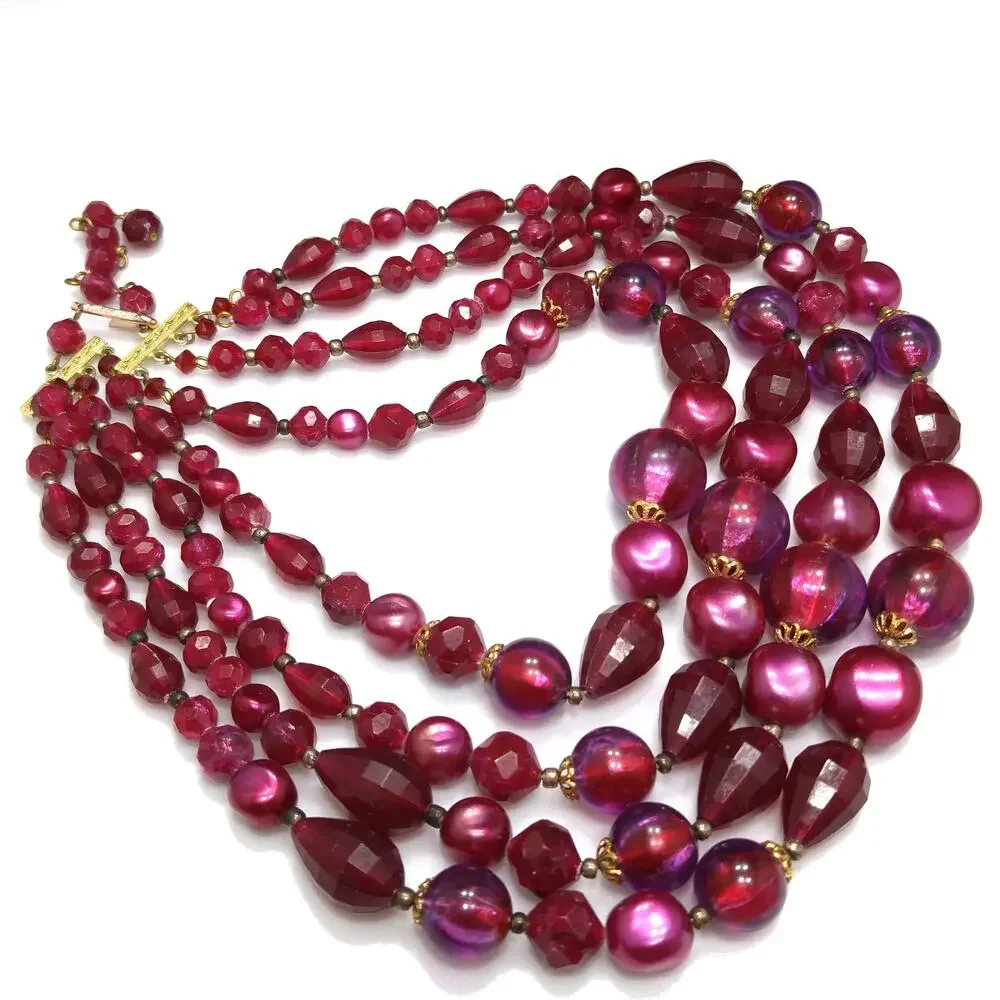 West Germany Thermoset Red Beaded Necklace 4 Strand 1950s Vintage Jewelry
